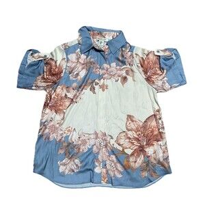 Rachel Zoe blouse top Size M short roll tab sleeve button up blue floral